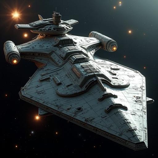 Battleship class starship designed in a sci-fi style. Features eight landing bays or pods arranged around a central structure. Pods extend on arms, running three-fourths of the ship's length. High-tech design resembles elements of Battlestar Galactica.