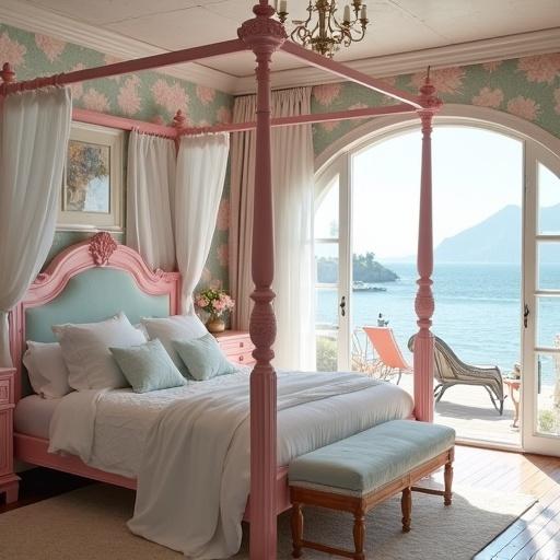 Light pink and white four poster canopy bed. Light pink rose print wallpaper. Light aqua accents. French doors lead to a veranda overlooking the beach. Surrounding with flowers and mountains.