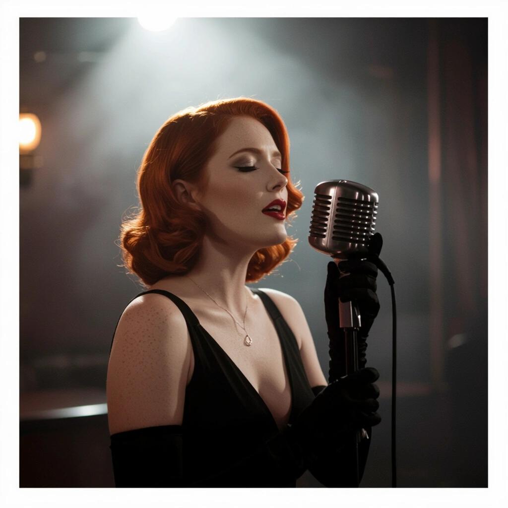 Irish redhead singing into a vintage microphone in a noir lounge. Silhouette framed by moody lighting and faint haze. Rich blacks and deep contrast.