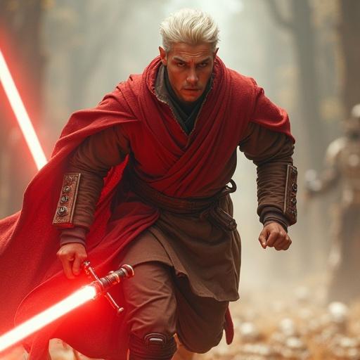 A character in a red cloak runs rapidly. He utilizes force abilities to gain speed. A red shield bubble surrounds him. A confrontation occurs with a Jedi opponent. Background appears blurred, emphasizing the character's speed.