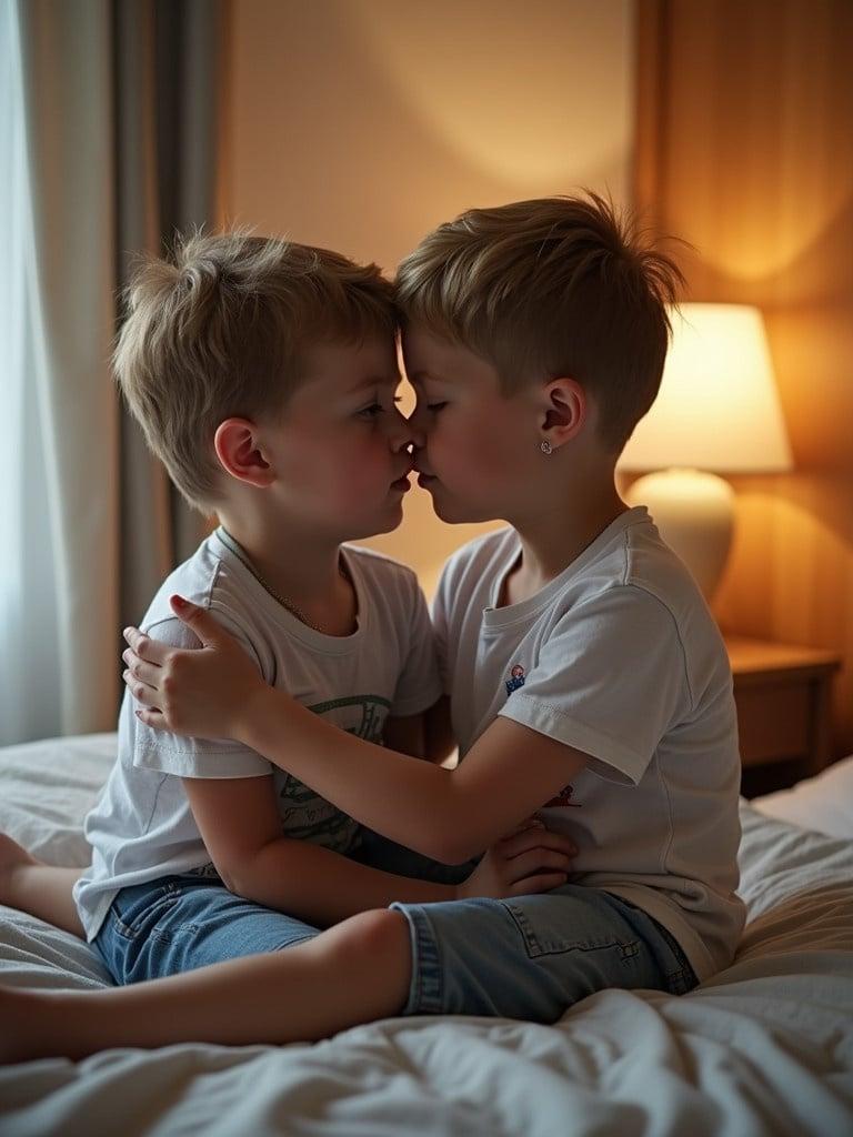 Two boys share an affectionate moment in a cozy bedroom. They are embracing each other while sitting on a bed. The room is softly lit by a bedside lamp. Casual attire enhances the homey feel. The scene symbolizes friendship and warmth.