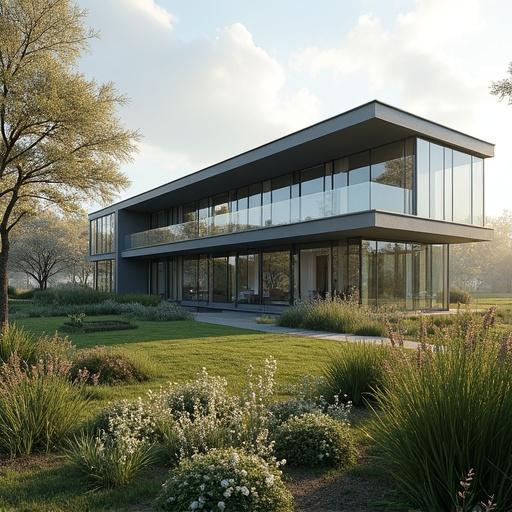 Modern office building with big windows and one floor. No people present. A sculpture is included. The scene is set in the morning during spring. The composition follows the rule of thirds, displaying a photorealistic view of the building with a large garden in the background. Flowers are visible in the foreground.