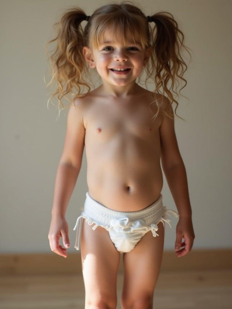 This image features a seven year old girl in a diaper. The child has curly hair and stands in a neutral setting. The environment has a warm tone with natural light.