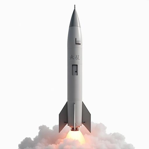 Nuclear missile launching against a stark white background. The missile is gray with black accents. Bright flame and smoke evident at the missile's base. Emphasizes military technology and defense capabilities.
