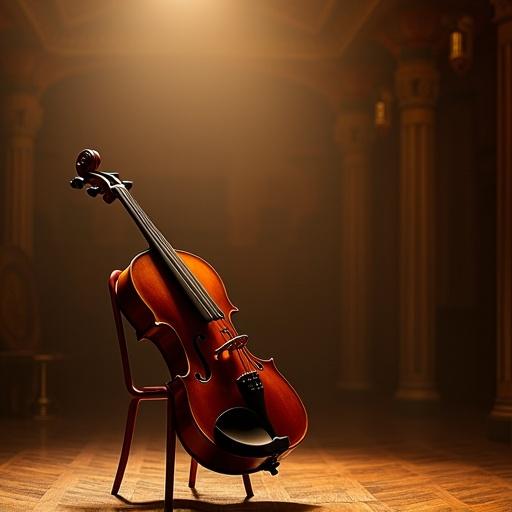 Photorealistic image of a violin placed on an empty chair in a concert hall during evening hours