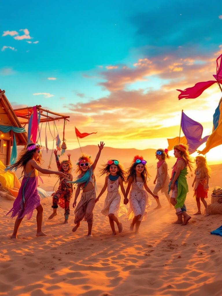 Group of adventurous kids around four years old having a lively Burning Man-style party in a vibrant desert environment. Warm golden sands stretch into the distance with a sunset sky of pink, orange, and purple. Kids dressed in eclectic colorful costumes with headbands, light-up goggles, and flowing scarves. Joyful atmosphere with whimsical festival spirit.