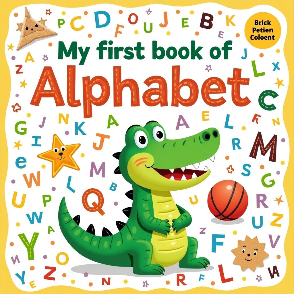 This cover features a cheerful alligator character prominently, welcoming young readers to learn the alphabet. The title, 'My First Book of Alphabet', is boldly displayed at the top in large, colorful letters. Surrounding the alligator are various alphabet letters and playful doodles, creating a vibrant atmosphere. A basketball and star also add to the fun elements on the cover. The background is filled with a light, doodle pattern, making it visually appealing for children. This design aims to attract preschoolers and encourage their love for learning the alphabet.