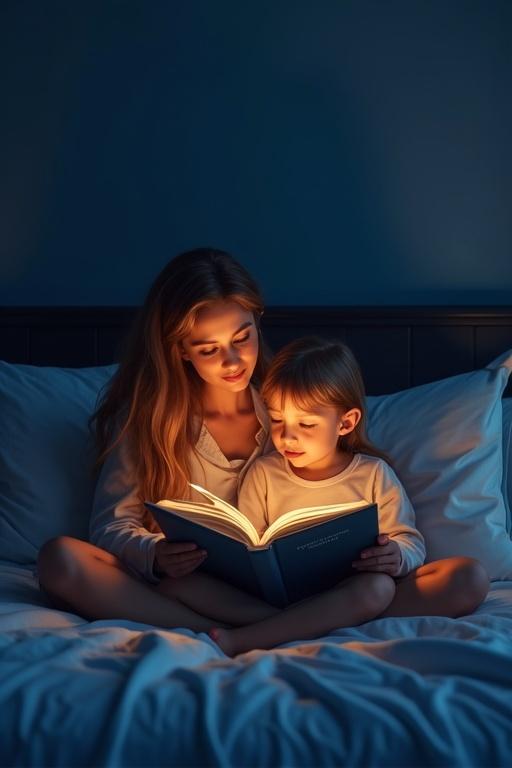 Mother and daughter sit on the bed at night. They are reading a book together. Soft lighting surrounds them. Cozy atmosphere is created in the scene.