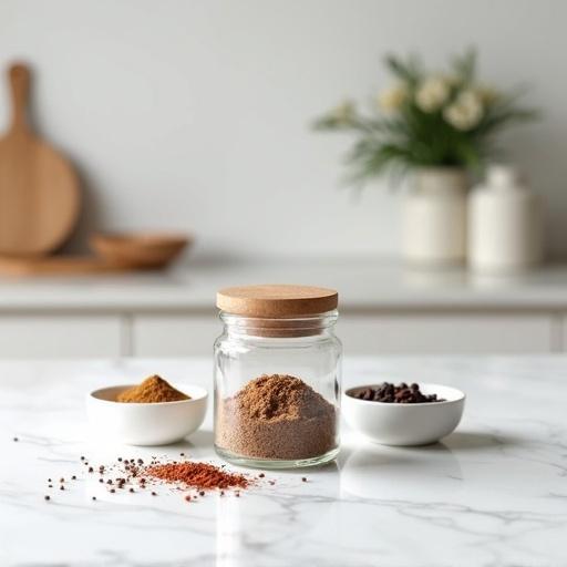 Clean white marble kitchen counter with scattered bowls of spices like cumin, paprika, and black pepper, minimalistic bright kitchen background with soft natural daylight, elegant and cozy style, spice jar at center in focus, subtle background blur