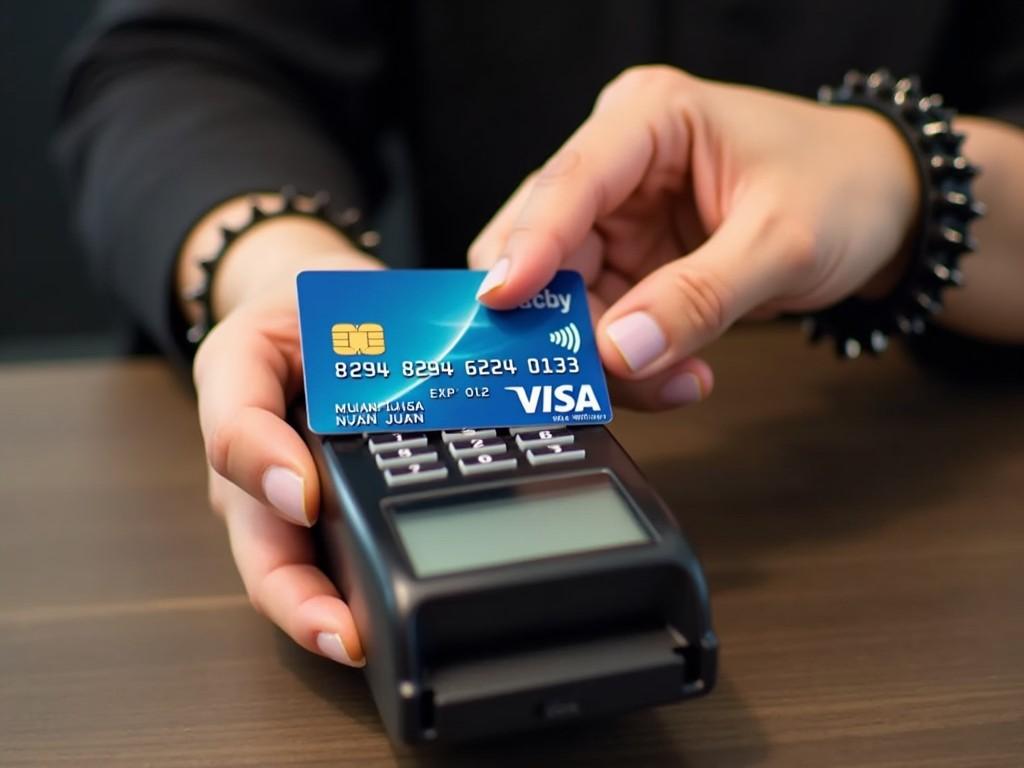 The image captures a close-up of a person making a contactless payment using a credit card. The hand is positioned above a payment machine, showcasing the card clearly. A black spiked bracelet is visible on the wrist, adding an edgy style to the scene. The card features a blue design, identifiable as a Visa. The background remains neutral to keep the focus on the transaction. The lighting is bright, enhancing the visibility of the card details. This setup highlights modern payment methods in a consumer-friendly context.