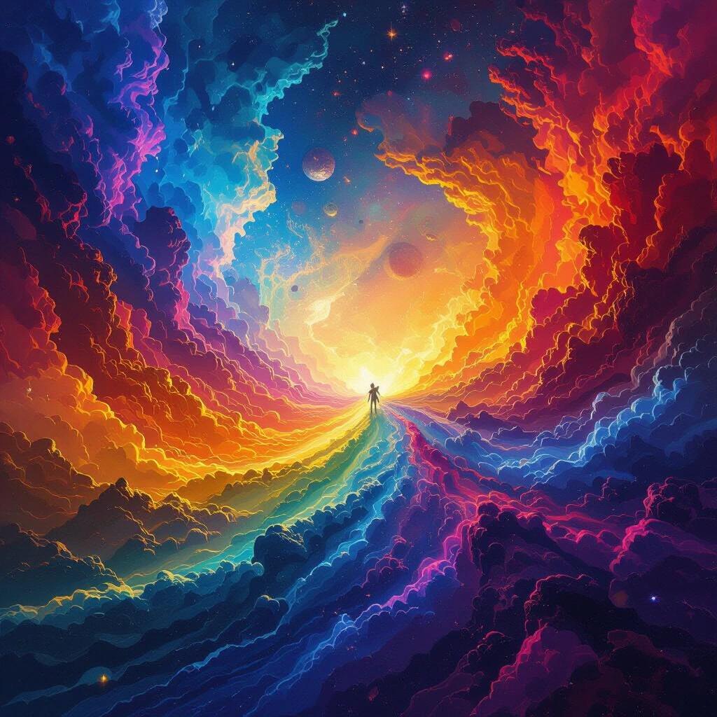 A colorful and epic scene showcases a figure standing amidst vibrant clouds and cosmic colors