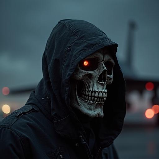 Skull man in a hood juxtaposed against an F16 plane. Dark and moody setting enhances the eerie vibe. Glowing red eyes add an element of mystery.