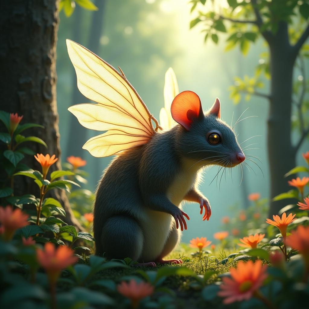 Image of a mechanical rat with translucent wings in a vibrant forest. Surrounded by flowers, soft sunlight filters through the trees. Detailed and whimsical design.