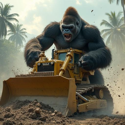 Massive silverback gorilla slams fists onto yellow CAT D8 bulldozer. Gorilla mid-impact from high leap, arms crashing into engine block. Metal hood caves in, smoke and sparks fly. Gorilla’s muscles engage, arms extended down, focused eyes. Full body crouched over machine, dominating frame. Bulldozer slightly shifted, front blade tilted down. Background shows jungle destruction, broken trees, torn earth, heavy smoke clouds, shafts of sunlight. Emphasizes impact, weight, machine damage, primal dominance, realism, cinematic lighting.