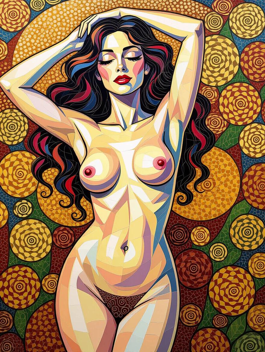 Artwork depicting a nude female figure surrounded by colorful circular patterns. Vibrant colors and geometric shapes. Emphasis on bold lines and artistic detail.