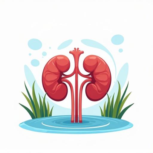 Logo design for a nephrology clinic featuring healthy kidneys surrounded by water and grass. Text reads 'Kareem Nagaty nephrology clinic'.