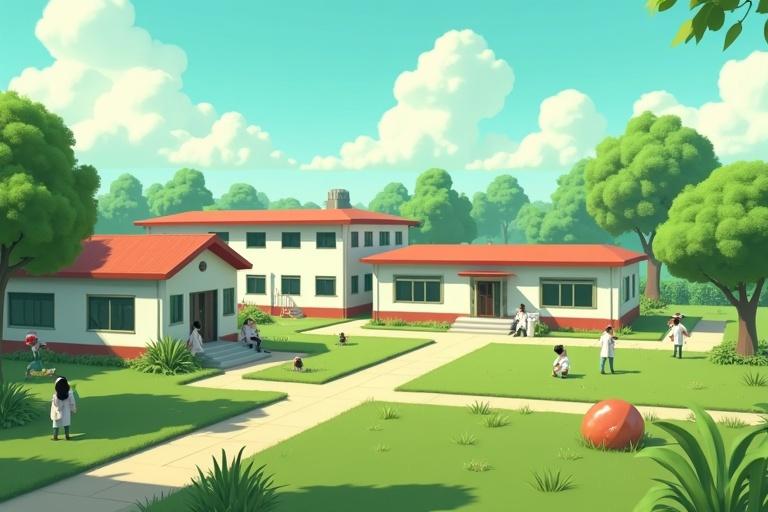 3D animation of a modest 1950s DRDO laboratory under bright daylight. Small buildings scattered across a green campus. Scientists in white coats work with basic equipment. Scene uses vibrant greens, whites, sunny yellows. Rendered in ultra-HD 4K.