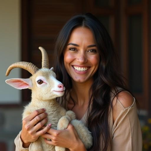A person holds a small lamb and smiles. The scene is bright and warm. The subject enjoys the moment with the animal.