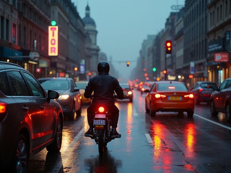 Rainy day with heavy traffic in city vehicles and bikers waiting for traffic signal. Neon sign glowing in the background. Tension hangs in the air.