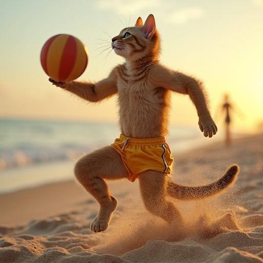 Photorealistic anthropomorphic cat with a muscular physique. Cat wears tight yellow sport shorts. Dynamic action of the cat spiking a volleyball on the beach. Sand flying in the air. Sunset lighting enhances the scene. Ocean visible in the background. Detailed fur texture showcases realism.