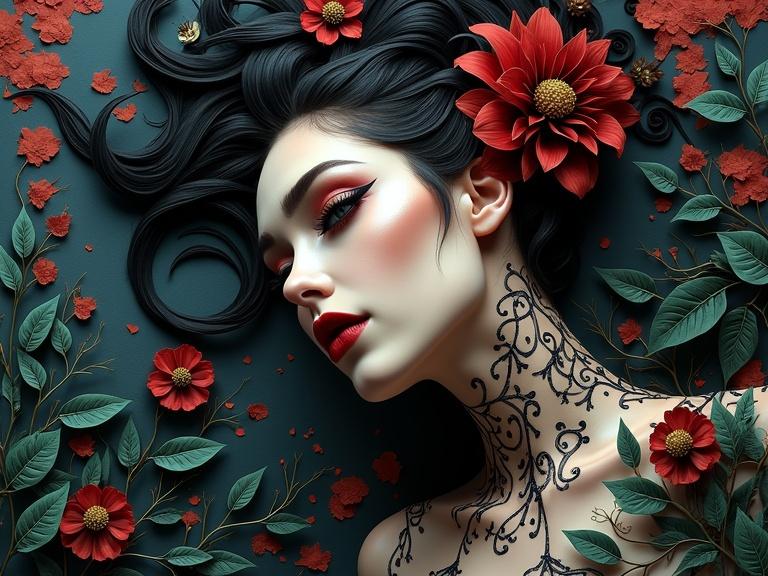 3D design of a femme fatale figure in an artistic pose. She has gothic-style eyes and intricate details on her skin. The composition includes red flowers and green leaves.