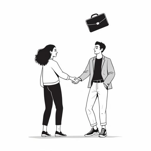 Monochrome vector art features two people shaking hands. A briefcase levitates above them. Style reflects Memphis art with smooth shapes and loose clothing.