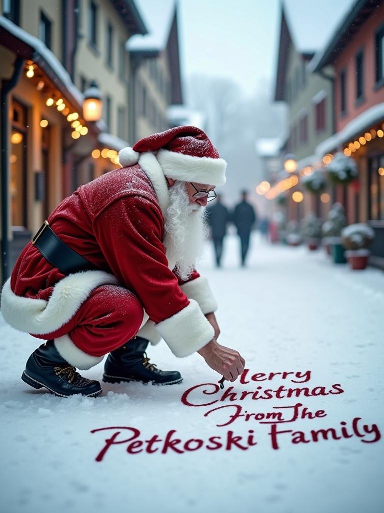 Santa Claus is writing in the snow. He wears traditional red and white clothing. The street is snowy with charming buildings. The scene has soft winter light. It conveys a cheerful holiday atmosphere.