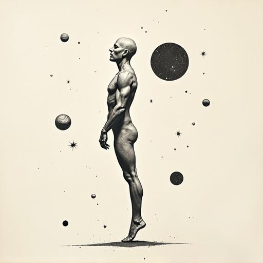 Perfectly proportioned figure with smooth features depicted in black and white. Figure levitates among celestial bodies like stars and planets in a minimalist style. Delicate ink lines create soothing visuals inspired by Asian brushwork.
