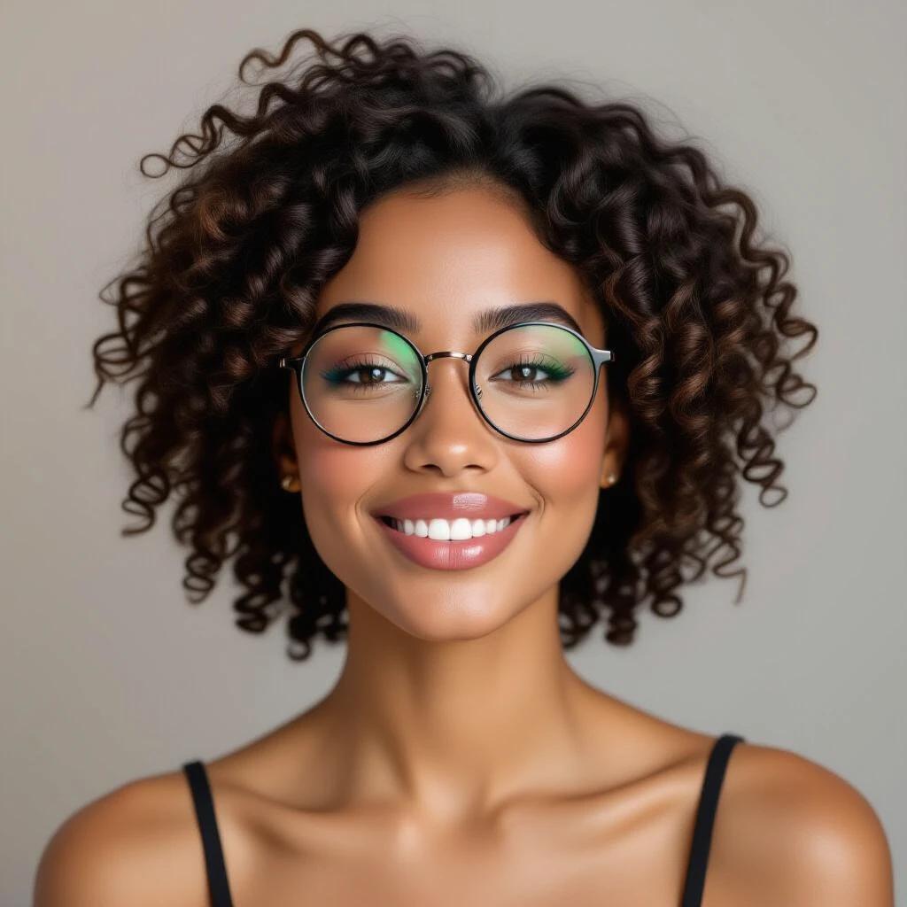 Striking studio portrait featuring a young woman with curly black hair. She has a small mole on the right cheek and a seductive smile. Her eyes are brown and she wears round black glasses. The focus is on her hairstyle and unique features.