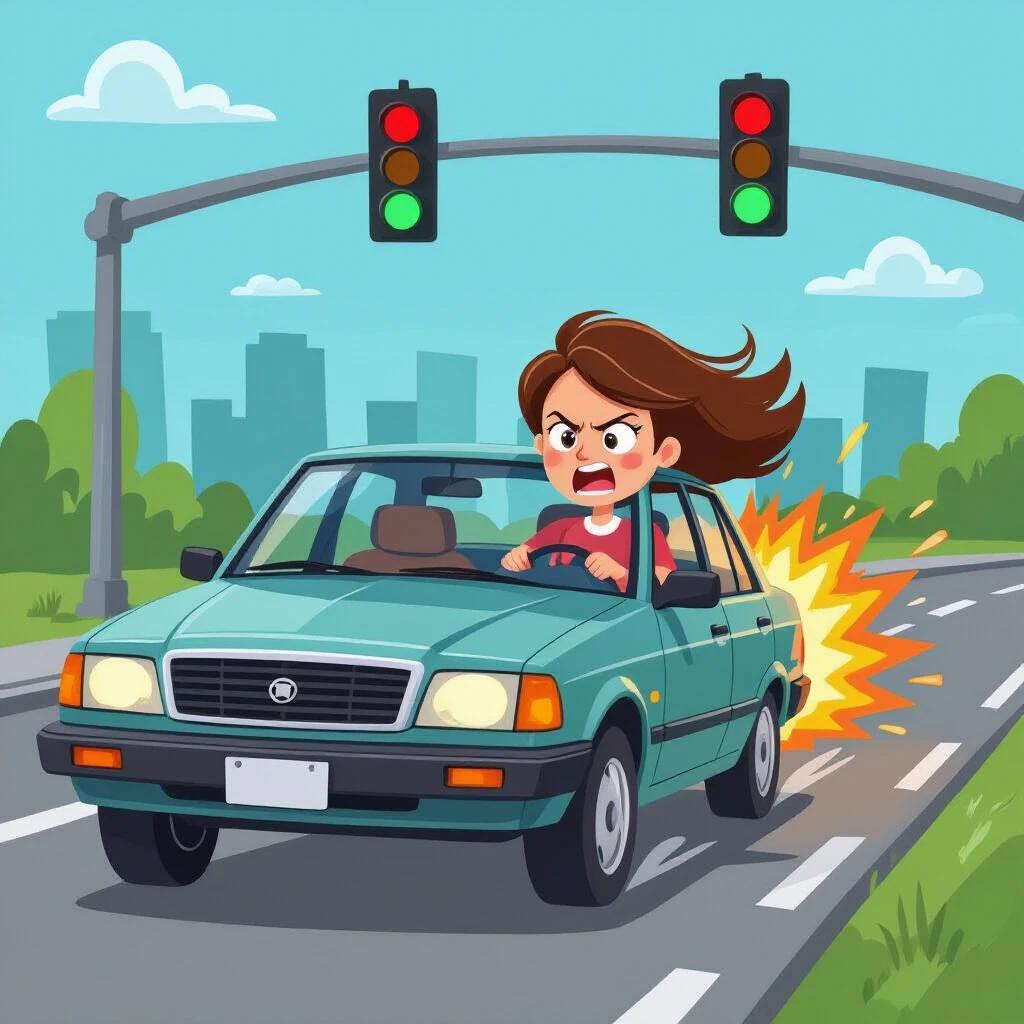 A girl with brown hair drives a green car through a red traffic light. The car shows signs of speeding and road rage. In a vibrant city setting with green trees and tall buildings.