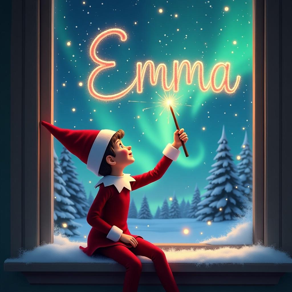 Elf sits on window ledge looking up at the sky. Using wand to write name with sparkles. Background features Christmas scene with stars and colorful lights. Elf wearing red outfit and pointed hat. Snow on window ledge adds charm.