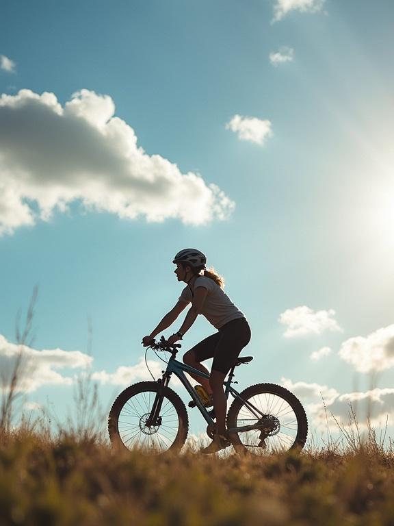 A daytime photo capturing a woman cycling with scattered clouds in the sky