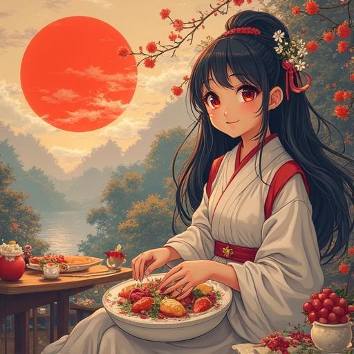 A woman in a traditional kimono carefully prepares a colorful dish. Cherry blossoms bloom nearby. A large red sun rises in the background. Lush greenery and calm waters surround the scene.