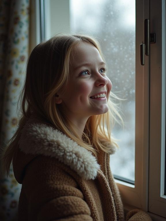 A happy 15-year-old girl smiles while looking out the window. Dreamy expression hints at thoughts of a young man. Warm muted colors create a nostalgic tone. Soft natural light glows through the window. Ambience blends realism with surreal dreamlike elements. Melancholy yet poetic atmosphere.