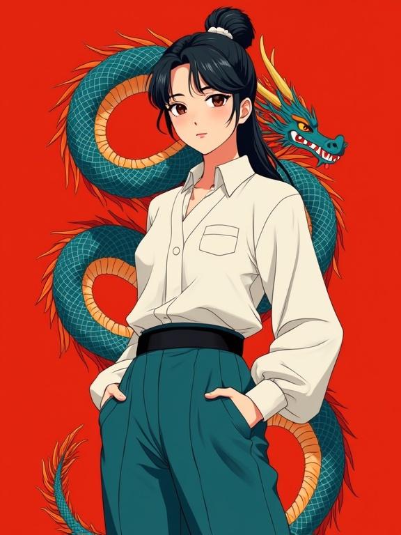 A female character with fair skin standing confidently. Crisp white blouse and teal high-waisted trousers with a black belt. Right hand in pocket, left hand relaxed. A majestic blue and orange-scaled Chinese dragon coils around her, claw resting over shoulder. Vivid red seamless background.