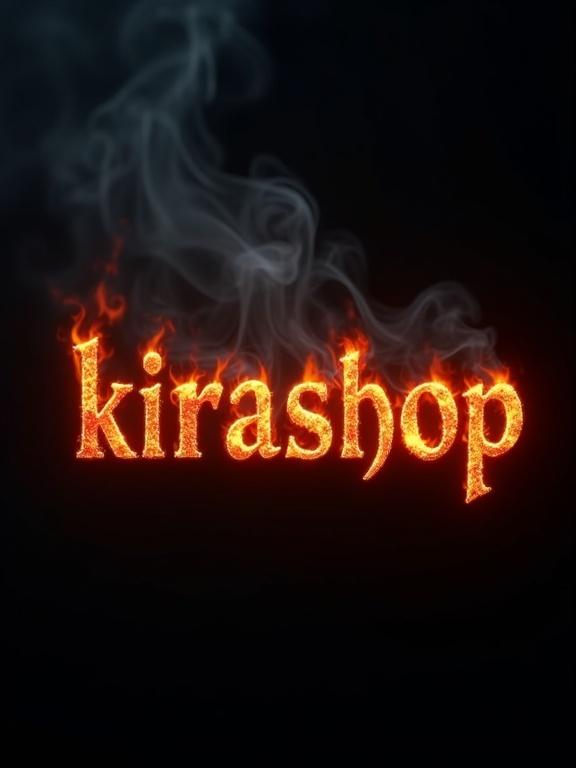 High-resolution image featuring 'kirashop' text in an ancient-looking typeface. Letters are made of glowing red and orange embers. Delicate smoke swirls around the letters. Black background highlights the glowing embers and smoke.