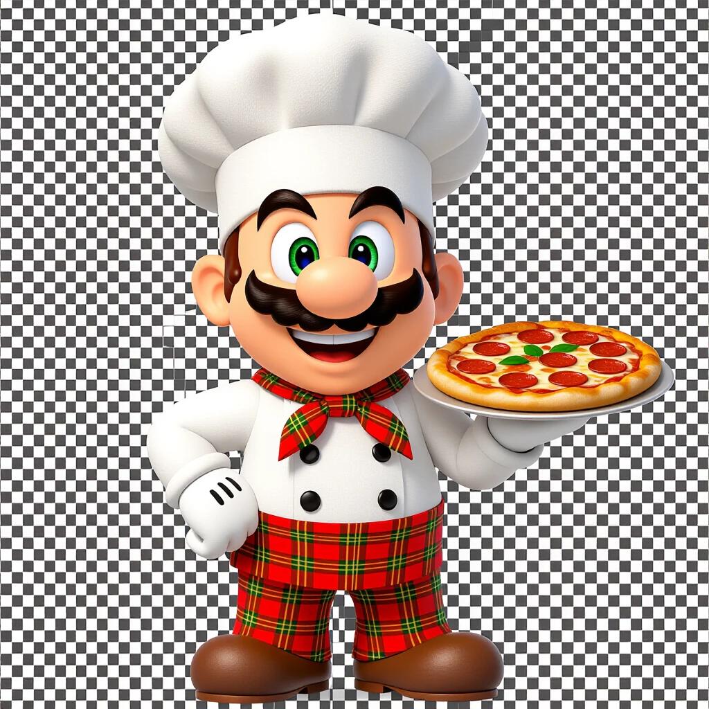 Friendly Italian pizza chef mascot in 3D cartoon style. Big white chef hat black hair and mustache large expressive green eyes and cheerful smile. Wearing white double-breasted chef outfit with red and green plaid scarf. Holding delicious pepperoni pizza on one hand confident pose with other hand on hip. Glossy colorful detailed and stylized character. Transparent background centered full body character visible no parts cut off.