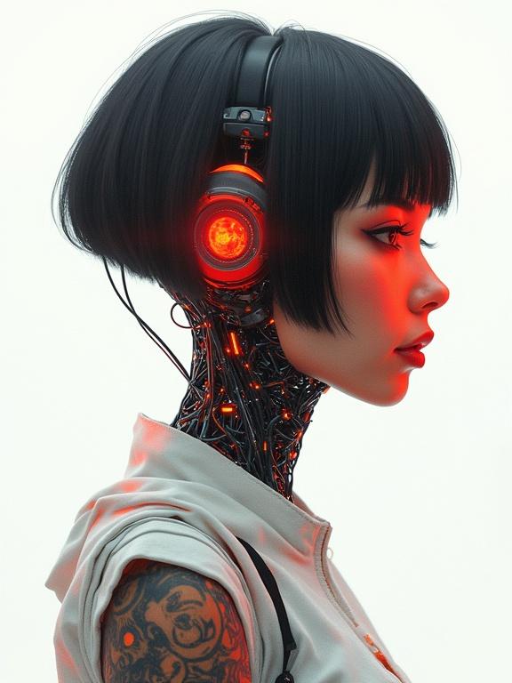 Full body portrait of a stunning android from the side with cybernetic implants and biomechanical parts. Orange color accents present. Robotic eyes with crimson eyeshadow. Casual wear featuring tattoos. Digital art in high resolution with emotionless expression. Short bob haircut framing synthetic face. Vivid red mask from nose to neck. Background is a white void with holographic overlays. Soft clinical lighting emphasizes features. Blend of multiple art styles with detailed anatomy and structure.