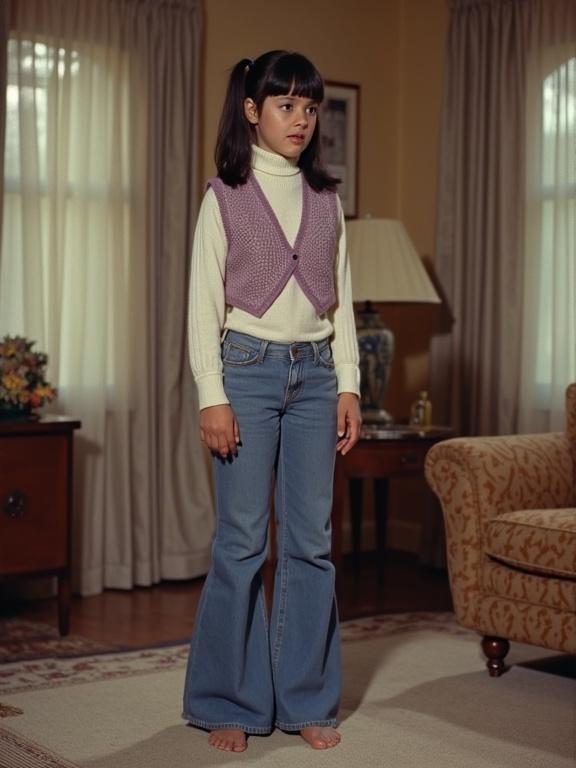 Screenshot from a 1970s movie in a retro living room. Tall teenage girl stands on carpet and looks left. She has black pigtails and freckles. Wears white sweater and lilac vest. She has long wide flared jeans covering bare feet.