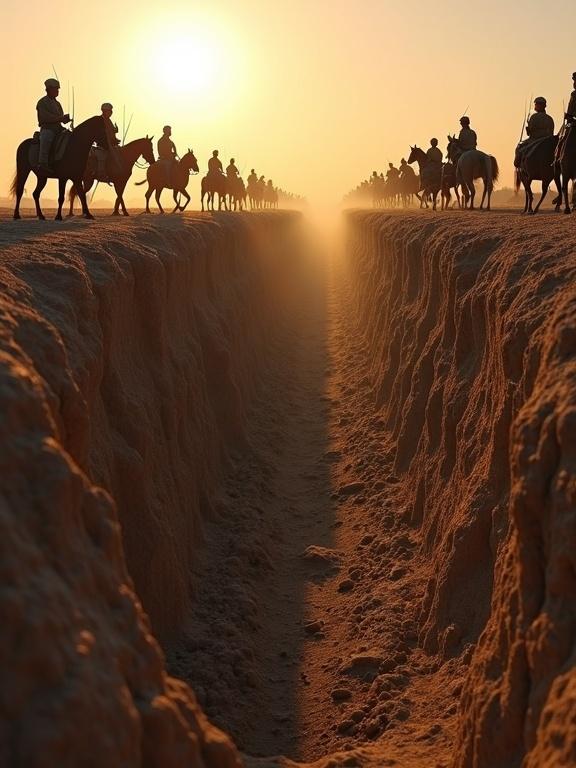A trench from a low side angle showing depth and width on barren land. Enemy soldiers in armor are tense, pulling back their nervous horses at the trench's edge. Muslim defenders are calm atop dirt mounds, watching the enemy. The setting sun casts long shadows making the trench look menacing. The scene symbolizes victory and resilience and the enemy's frustration.
