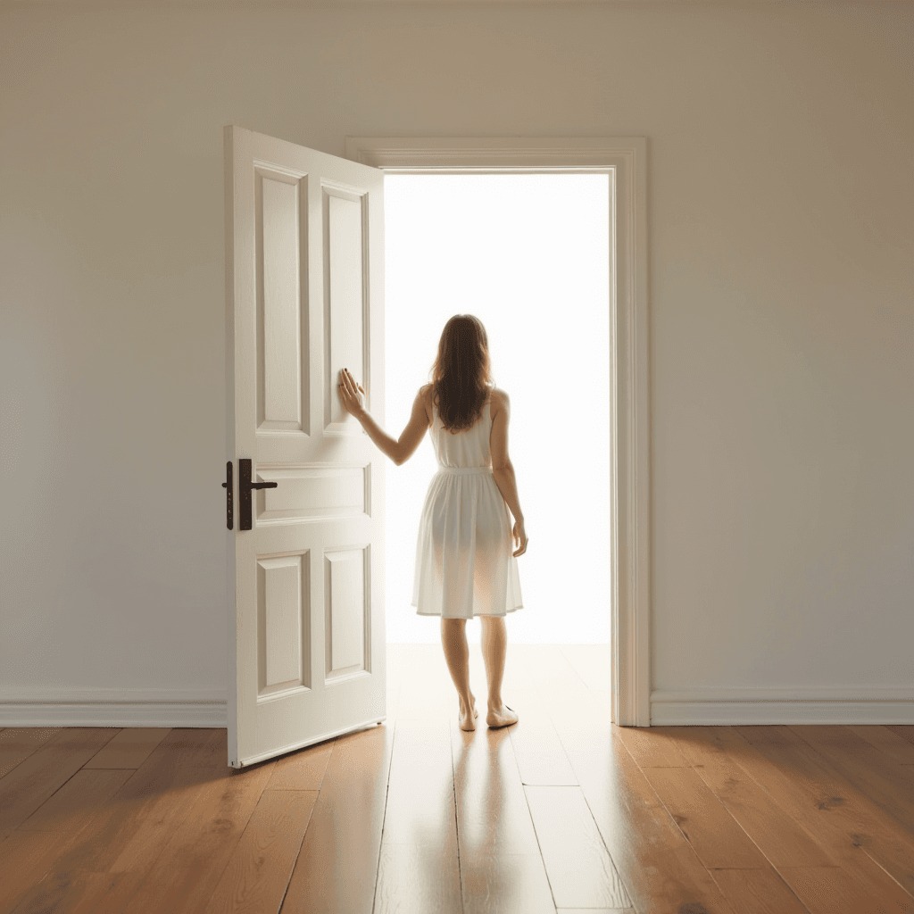 A woman in a white dress stands by an open door with bright light streaming in, symbolizing new beginnings.