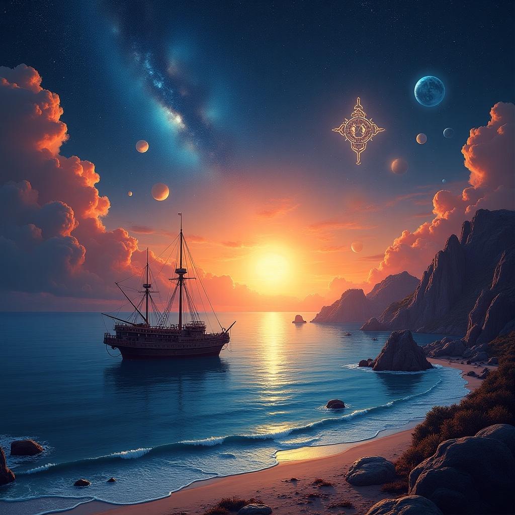 This artwork depicts a stunning imaginary landscape set in outer space. The scene features a sea bay with a moored steampunk ship, highlighted by a dramatic sunset that transitions from deep blues to vibrant oranges across the horizon. Surrounding the area, nebulas and planets float majestically in a dark starry sky. Off in the distance, there's a bright, polyedric glyph symbol that adds a mystical touch to the scenery. The mood is a blend of psychedelic art, futuristic space exploration, and spiritual energy.