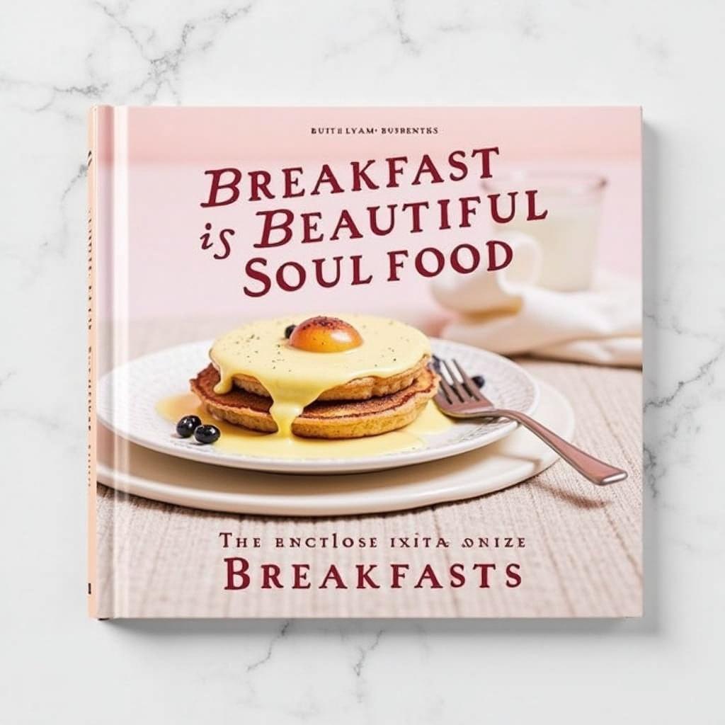 Cookbook cover design. Display pancakes topped with a fried egg. Incorporate pastel colors for a soft look. Include elegant typography for the title and author name. Create a calm and inviting atmosphere.