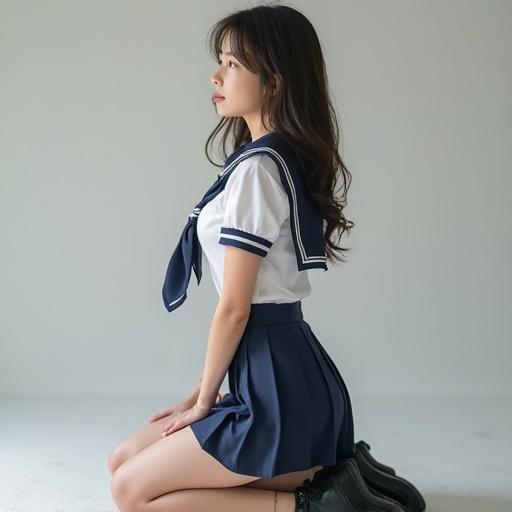 Kneeling side view of a subject wearing a school uniform. The subject exhibits a gratified expression. Highly detailed features with photorealistic qualities.
