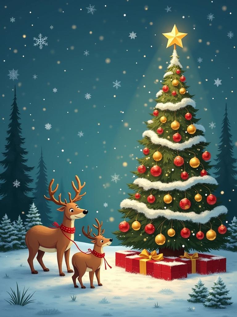 A festive winter scene with a decorated Christmas tree. Reindeer beside the tree. Snowy ground with gifts. Soft lighting and snowfall.