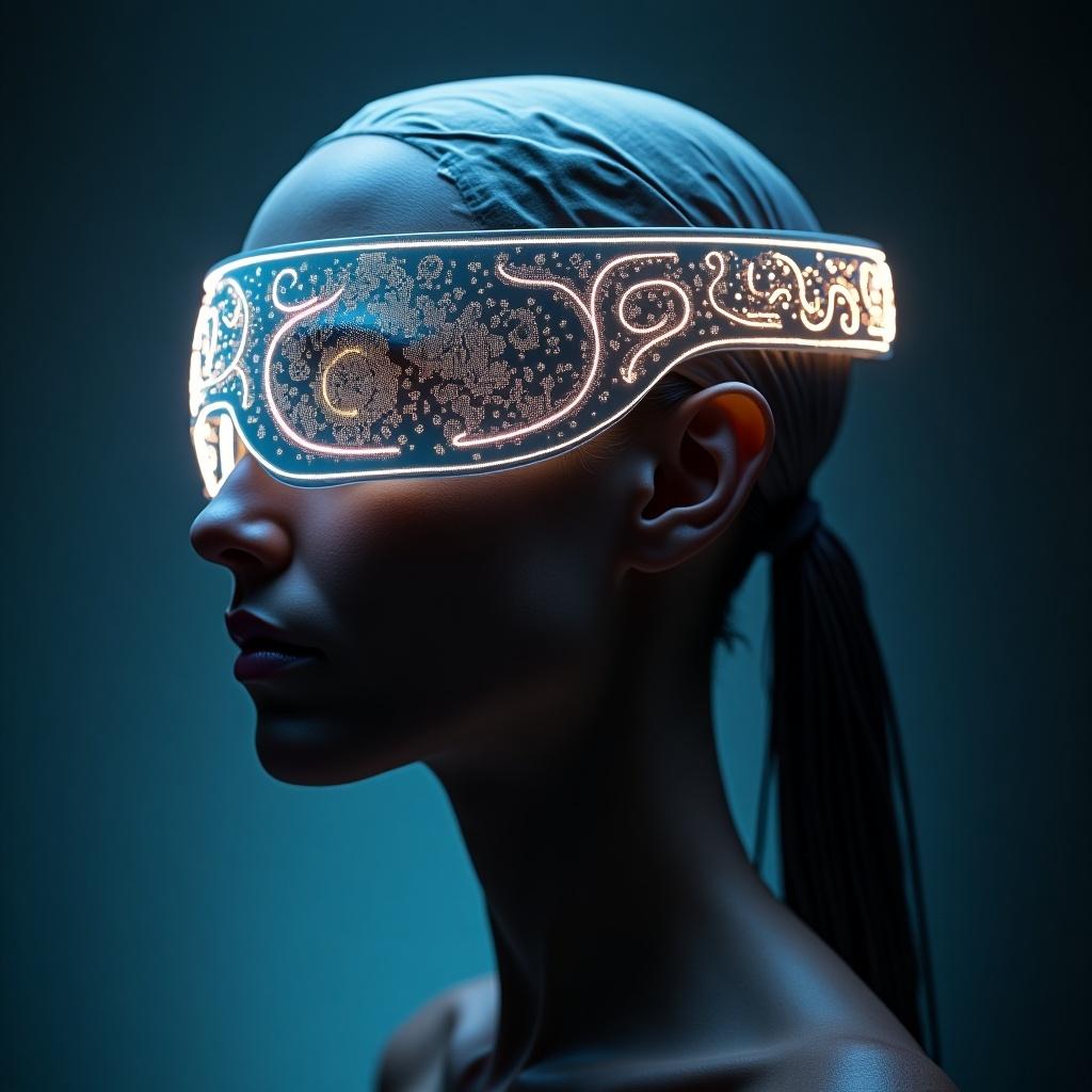 This image depicts a futuristic sci-fi meditation device that can be worn around the head. The device features intricate designs illuminated by a soft glow, suggesting advanced technology. The subject's profile highlights the elegant contours of the headgear, emphasizing its innovative nature. The lighting is dim and atmospheric, creating a calm and contemplative mood. Overall, the image conveys a blend of technology and meditation, appealing to those interested in wellness and futuristic aesthetics.