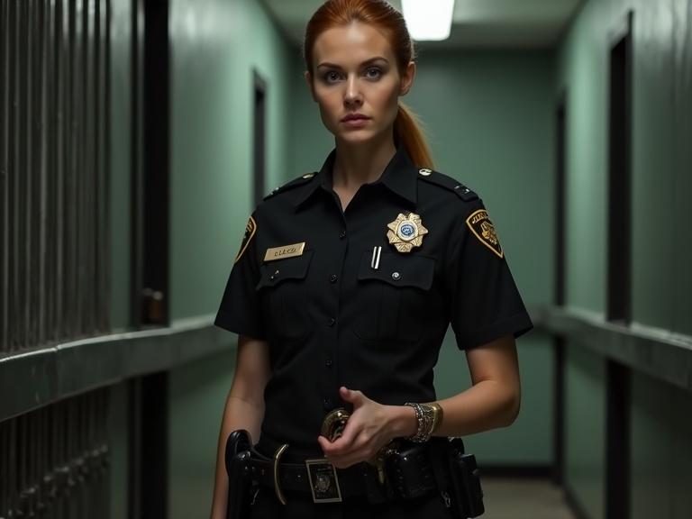 A serious-looking professionally dressed female deputy in black uniform stands confidently inside a police station. She has natural red hair tied back in a ponytail. Metal bars are visible in the background near holding cells. The uniform includes a badge and name tag. She has an upright posture, arms at her sides. The environment is professional with muted colors and institutional textures. She holds handcuffs in her hand.