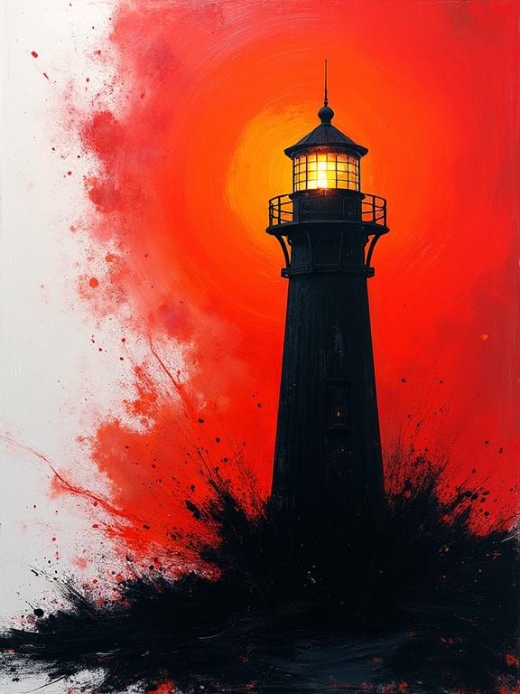 Dramatic abstract painting of a black lighthouse with glowing light. Explosive dark ink splatters at the base. Background has vibrant red and stark white contrast. Expressionistic and high contrast style with chaotic energy.