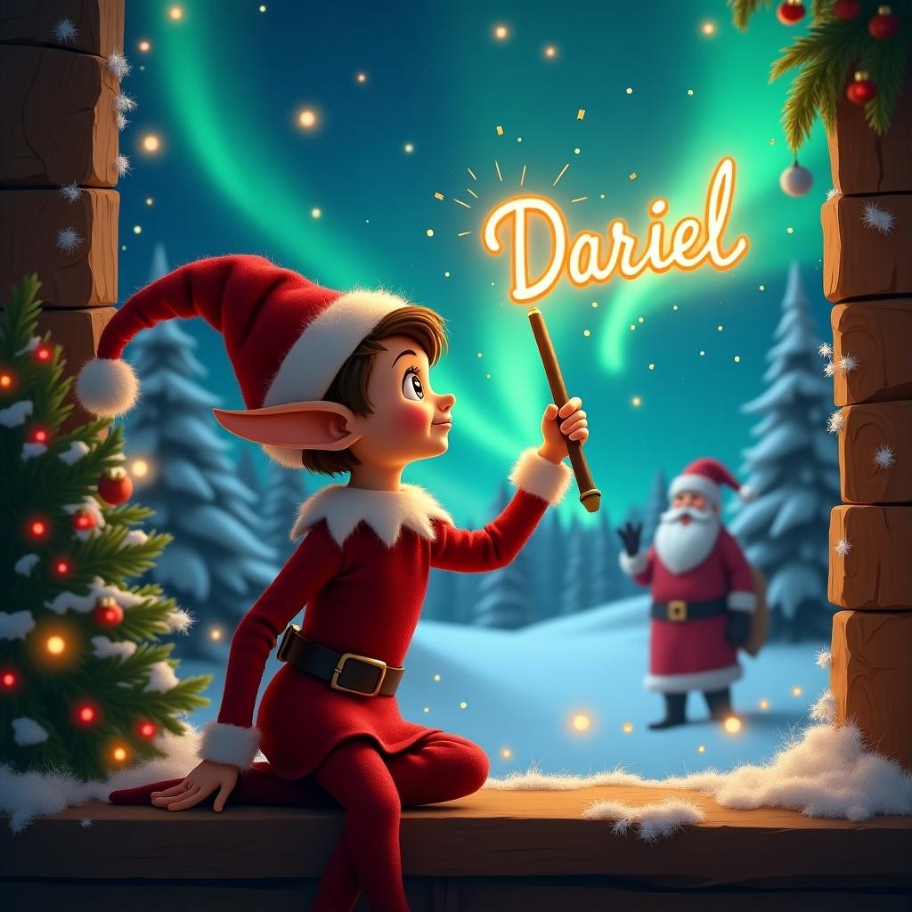 Elf wearing red and white outfit sits with back to the viewer. Elf uses a wand to write 'Dariel' in sparkling sky. Background features magical Christmas scenery with northern lights and Santa Claus in distance. 