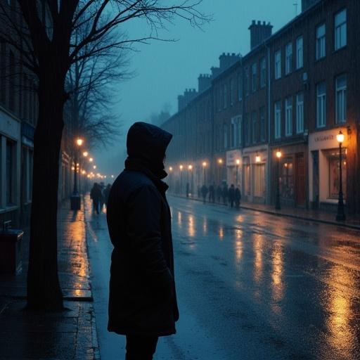 View of Lille at night with rain and dark streets. A silhouette is standing still. The atmosphere is mysterious and somber.